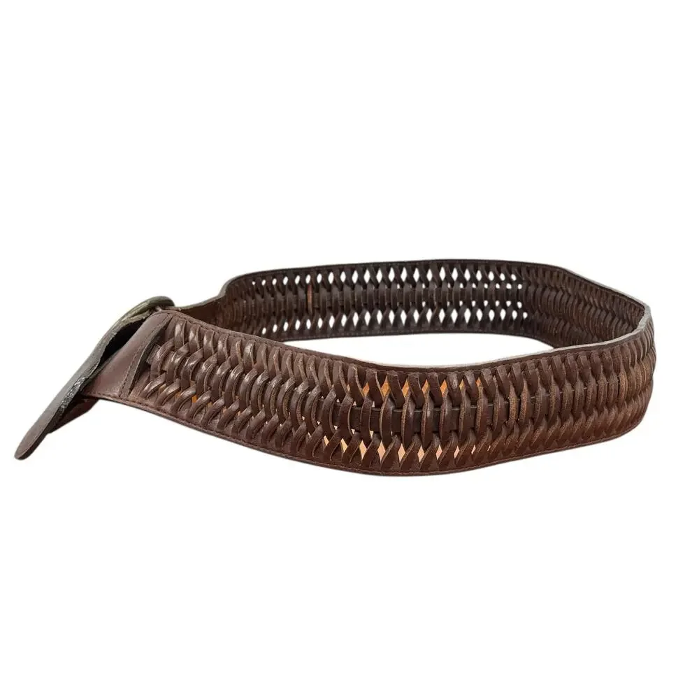 Avignon Leather Belt Vintage Womens L Brown Woven Wide Boho Festival Artisan 70s - Picture 2 of 11
